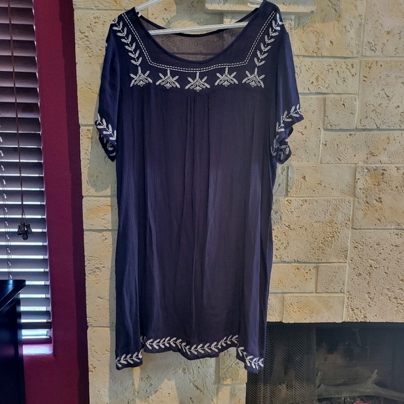 Lightweight Navy Blue Gauze Dress with white pretty stitch pattern - Picture 1 of 3